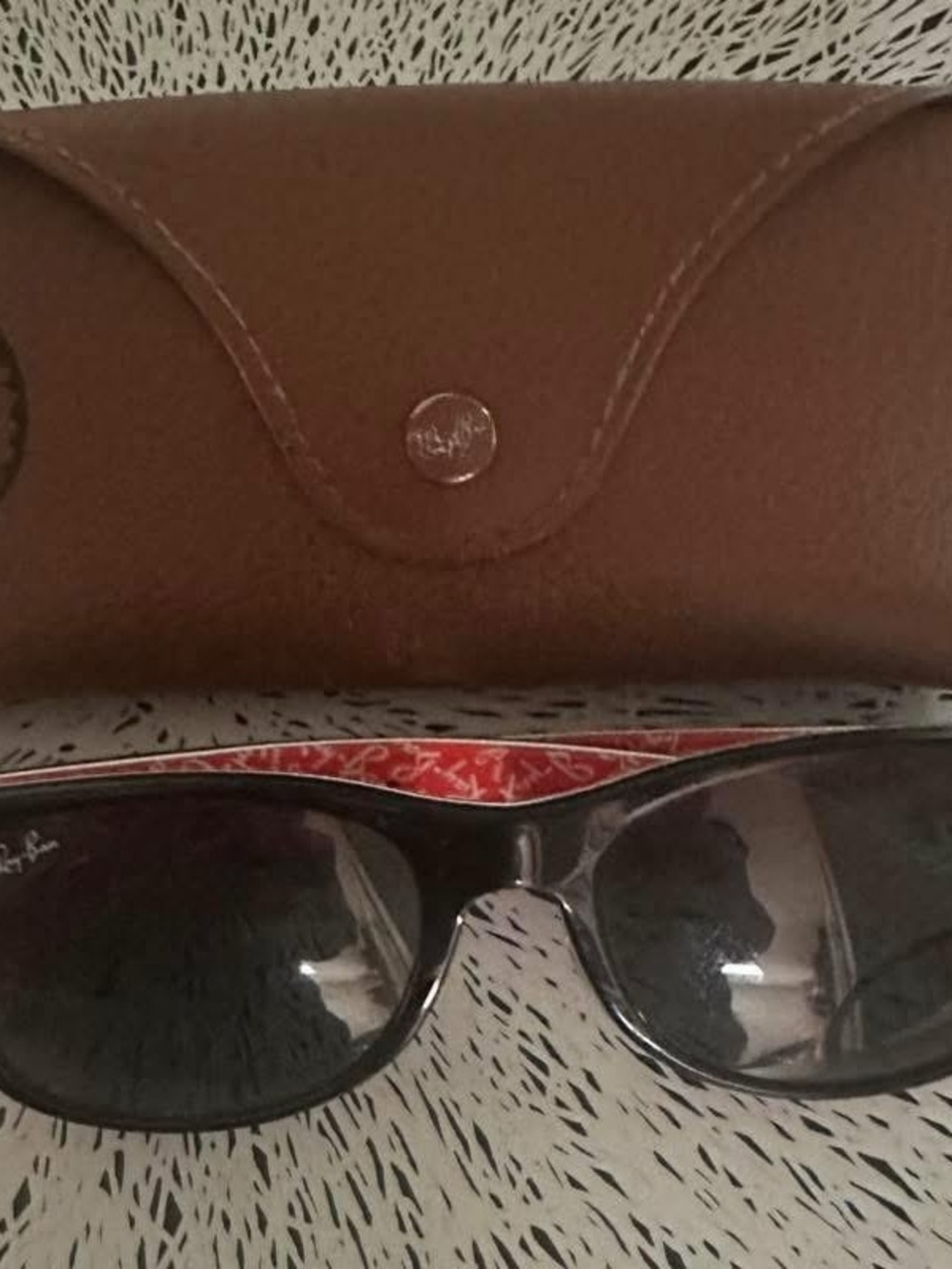 Ray-Ban Black Frames with Green Lenses and Red Temple Detail